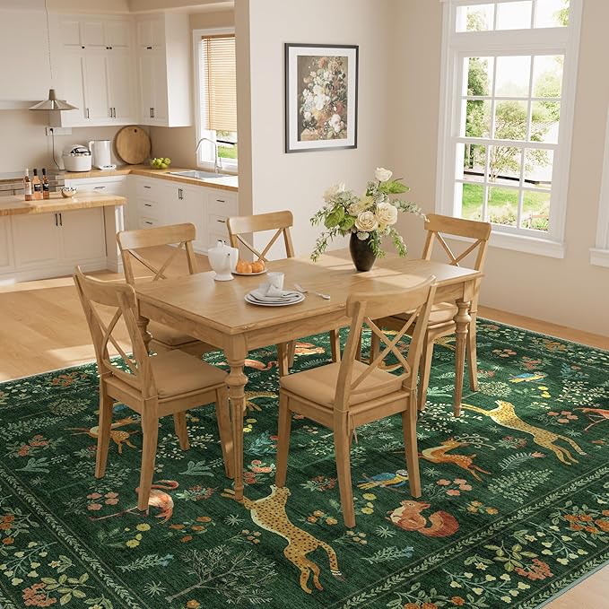 DUKINO 8x10 Rug, Washable Animal Living Room Rug with Non Slip Vintage Design, Soft Low Pile Large Carpet for Bedroom, Nursery, Dining Room, Farmhouse, Playroom, Green