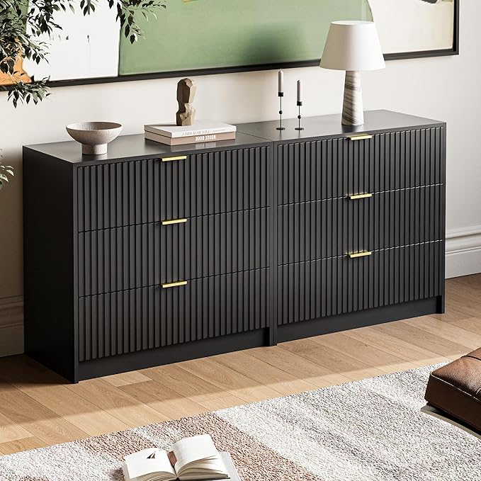 3-Piece Dresser Bedroom Set, 9 Drawer Dresser & 3 Drawer Nightstands with Gold Handles, Fluted Wood Chest of Drawers for Bedroom, Living Room, Entryway, Black