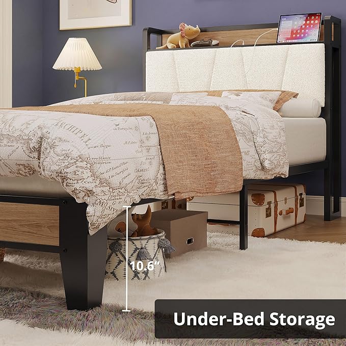 LIKIMIO Twin Bed Frames, Storage Headboard with Charging Station, Solid and Stable, Noise Free, No Box Spring Needed, Easy Assembly, Wood and Cream