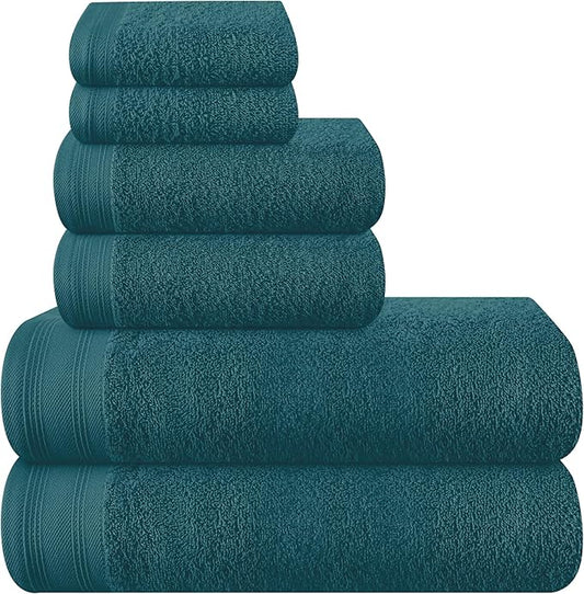 Ultra Soft 6 Pack Cotton Towel Set, Contains 2 Bath Towels 28x55 inch, 2 Hand Towels 16x24 inch & 2 Wash Coths 12x12 inch, Ideal Everyday use, Compact & Lightweight - Teal