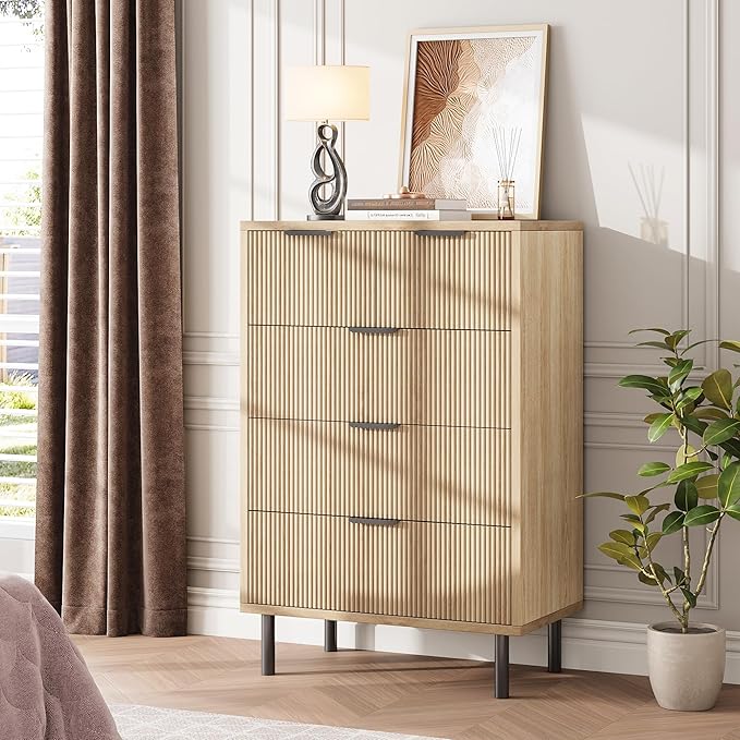 GarveeHome Oak Fluted 5 Drawer Dresser for Bedroom, Modern Wood Chest of Drawers with Wide Drawers, Closet Dresser Organizer with Anti-Tipping Device and Metal Legs for Hallway Entryway