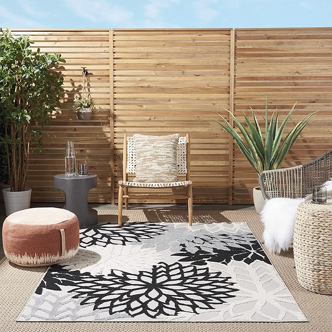 Nourison Aloha Indoor/Outdoor Black White 5'3" x 7'5" Area Rug, Tropical, Botanical, Easy Cleaning, Non Shedding, Bed Room, Living Room, Dining Room, Deck, Backyard, Patio (5x7)