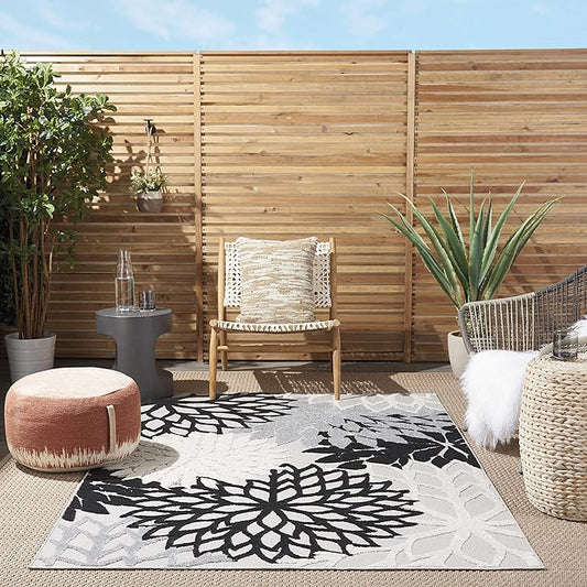 Nourison Aloha Indoor/Outdoor Black White 3'6" x 5'6" Area Rug, Tropical, Botanical, Easy Cleaning, Non Shedding, Bed Room, Living Room, Dining Room, Deck, Backyard, Patio (3x5)