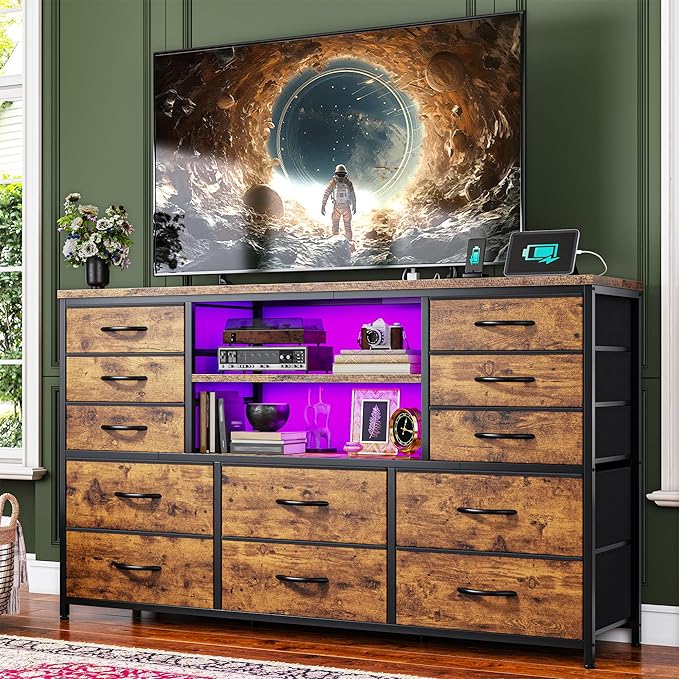 TV Stand with 12 Fabric Drawers for 55 inch TV, Entertainment Center with Charging Station & LED Lights, TV Media Console Table with 2 Open Storage Shelves for Living Room, Dorms, Wood Top, Brown