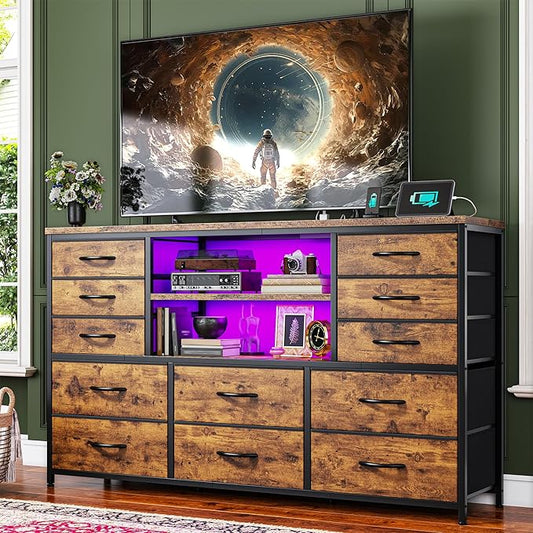 TV Stand with 12 Fabric Drawers for 55 inch TV, Entertainment Center with Charging Station & LED Lights, TV Media Console Table with 2 Open Storage Shelves for Living Room, Dorms, Wood Top, Brown