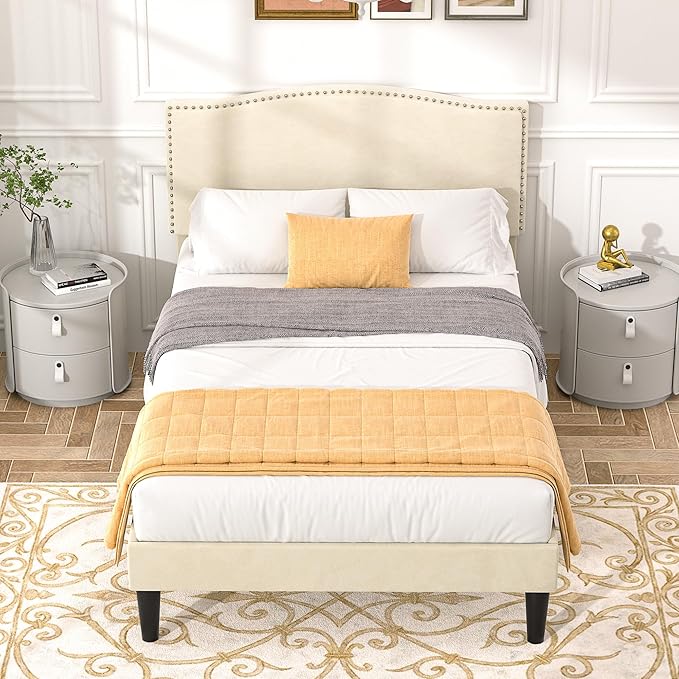 VECELO Twin Bed Frame Platform Bed Frame with Upholstered Headboard, Strong Frame and Wooden Slats Support, Strong Weight Capacity, Non-Slip and Noise-Free, Easy Assembly,Beige