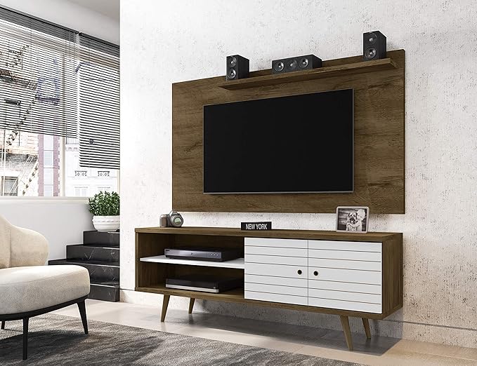 Manhattan Comfort Liberty Mid Century Modern TV Stand for Televisions up to 60 Inches, Bedroom and Living Room Entertainment Center with Storage, Shelves, and Cabinet, 63" Wide, Rustic Brown/White