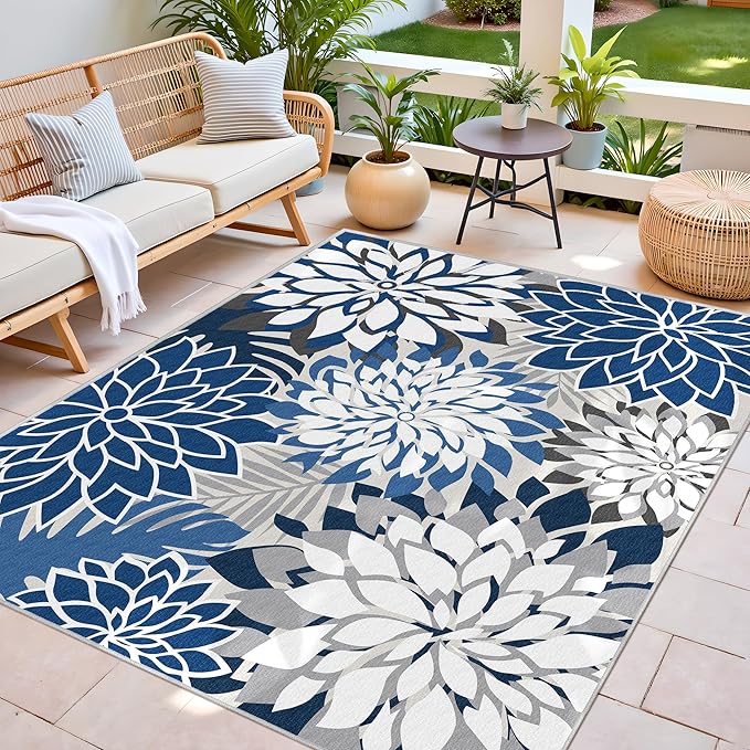 Indoor Outdoor Area Rug Washable Multicolored Patio Rug Tropical Botanical Modern Floral Indoor Outdoor Carpet Blue White Rug Non Slip for Patio, Deck, Backyard, Porch (5x8)
