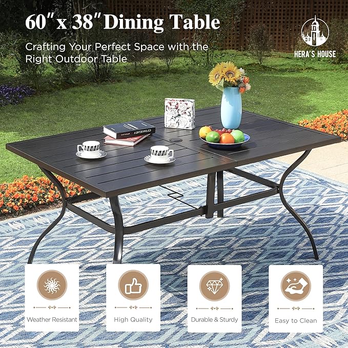 HERA'S HOUSE Outdoor Patio Dining Set of 7, 7 Piece Outdoor Table and Chairs Set of 1 Large Rectangular Patio Table and 6 Quick Dry Textilene Swivel High Back Rocking Chairs for Lawn, Park, and Garden