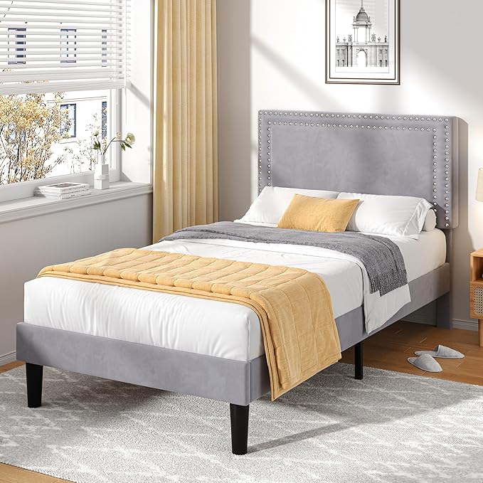VECELO Twin Size Platform Bed Frame with Adjustable Upholstered Headboard, Strong Wood Slat Support, No Box Spring Needed, Easy Assembly