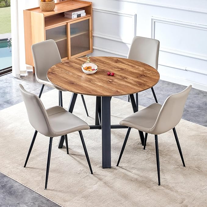 Round Dining Table Set for 4, Round Kitchen Table and Chairs Set for 4,Modern 42" Wood Dining Room Table Set & PU Leather Chairs for Small Space Kitchen Apartment Office