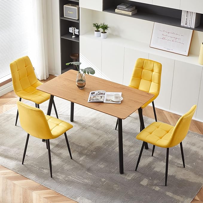 Modern Dining Chair Velvet Set of 4,Upholstered Living Room Chair with No Arms Side Chair High-Back Space Savining Accent Chair with Metal Legs for Dining Room,Living Room, Yellow