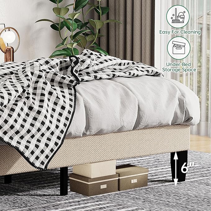Full Size Bed Frame with Headboard,Fabric Upholstered Platform Bed Frame with Wooden Slats Support,No Box Spring Needed/Non-Slip Without Noise/Easy Assembly, Beige