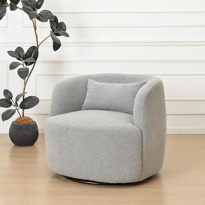 KINWELL 34" Wide Sherpa Swivel Barrel Chair, No Assembly Round Boucle Upholstered Accent Chair Armchair Single Sofa Chair with Toss Pillow for Living Room and Bedroom, Gray