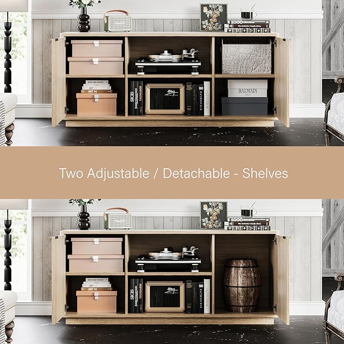 60'' Fluted TV Stand, Console Table, Mid Century Modern Curved TV Stands with Water Wave Shaped Door, Entertainment Center with Metal Handle, Living Room (Cream Yellow Wood Grain)