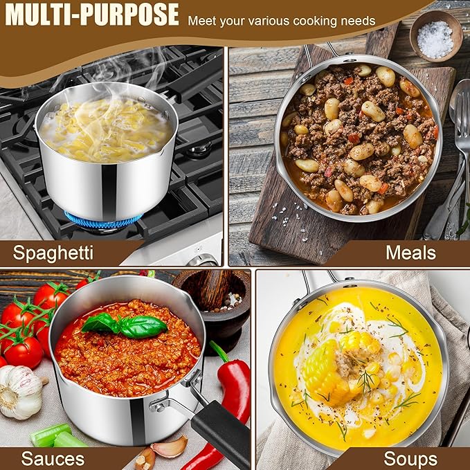 E-far 3 Quart Sauce Pan with Lid, Stainless Steel Tri-Ply All Clad Small Cooking Pot with Pour Spout, Multipurpose Induction Saucepan & Stay-Cool Handle, Compatible with All Cooktops, Dishwasher Safe