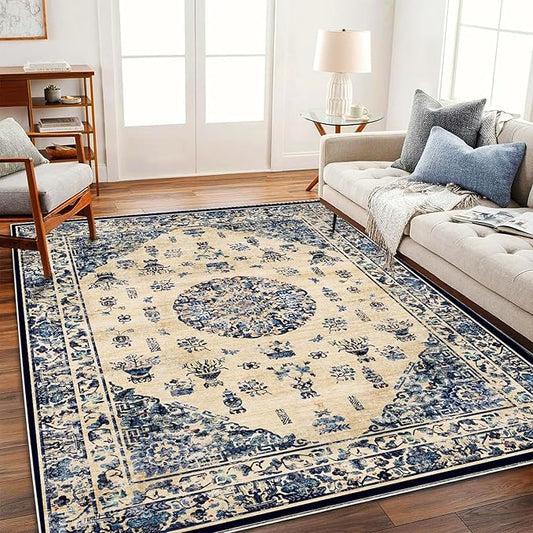 Area Rug 5'x7' Washable Rug Traditional Floor Cover Thin Retro Kitchen Indoor Distressed Non Slip Carpet for Living Room Bedroom Dining Room