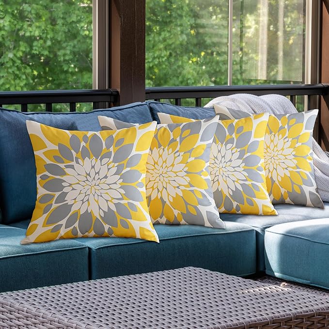 Qahing Pack of 4 Fall Outdoor Waterproof Pillow Covers 20x20 Decorative Outdoor Throw Pillows Garden Square Cushion Cases for Patio Furniture, Couch, Tent Sunbrella, Bench, Mustard Yellow Grey