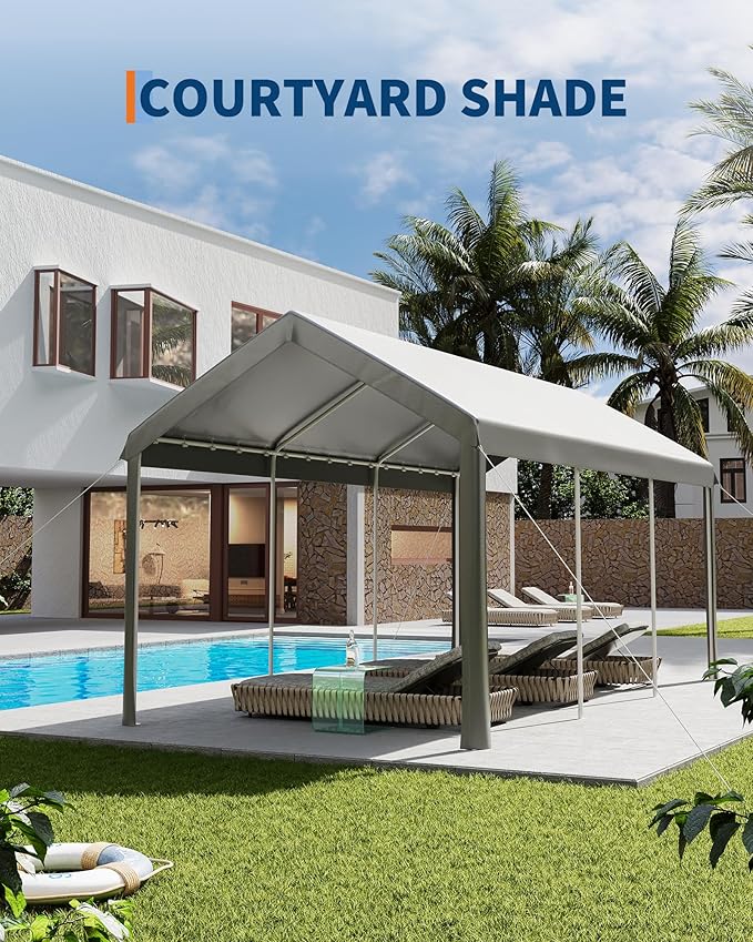 Garvee 10x20 Heavy Duty Carport, Galvanized Steel Outdoor Car Canopy with UV-Resistant & Water-Resistant PE Cover, Portable Garage for SUV, Truck, Boat, Grey