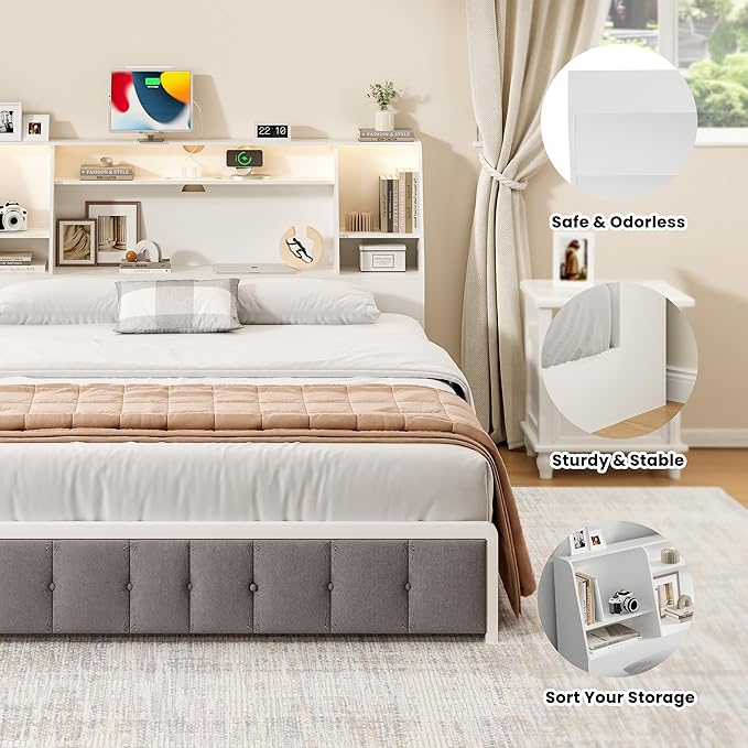 Headboard Queen Size with Storage, Upholstered Wood Bookcase Headboard with Charging Station & 2 LED Lights (White, Queen)
