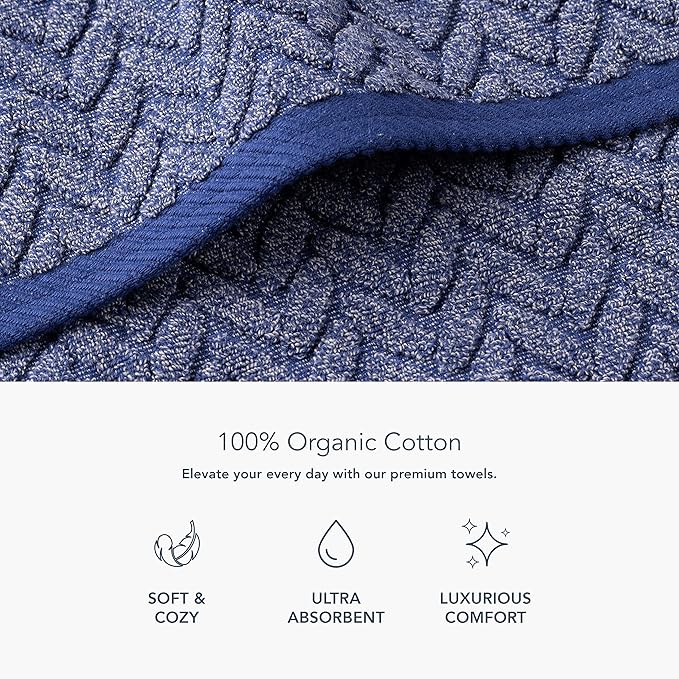 Texere 100% Organic Cotton Jacquard 650 GSM Premium Bath Towel Sets - Extra Absorbent Quick Dry and Plush, 2 Large Bath Towels, 2 Hand Towels, 2 Washcloths (Cable, Estate Blue, 6 Piece)
