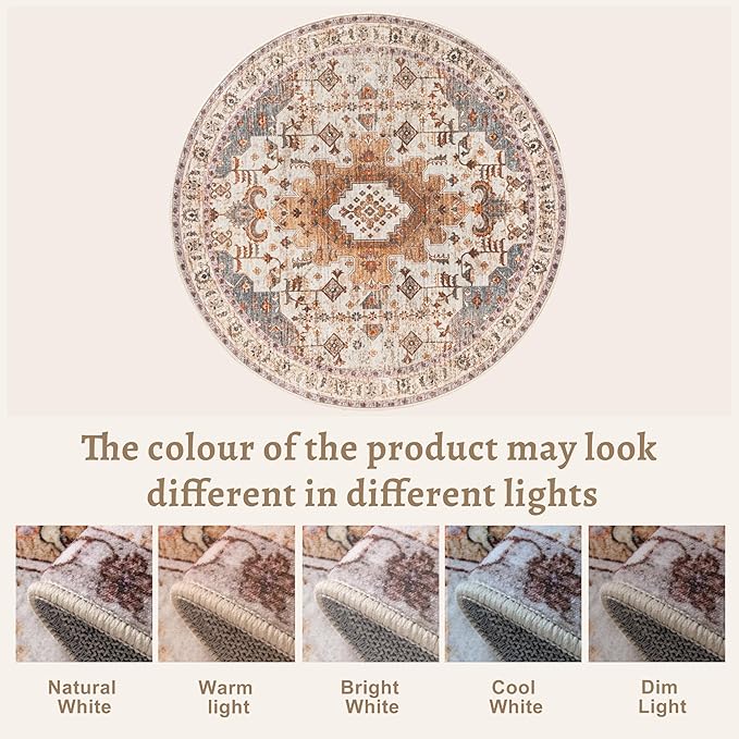 Tangsoo Vintage Round Rug 5ft Washable Circle Rug, Non Slip Boho Round Area Rug, Low Pile Circular Rugs, Round Carpet for Bedroom,Livingroom,Nursery,Dorm,Office,Turmeric