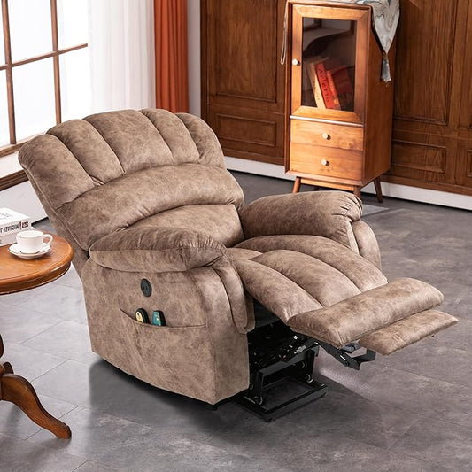 VIVIJASON Large Power Lift Recliner Chair with Heat & Massage for Elderly Big People, Overstuffed Wide Electric Lift Chair with Extended Footrest, 2 Remote Controls, Side Pockets & USB Ports, Brown
