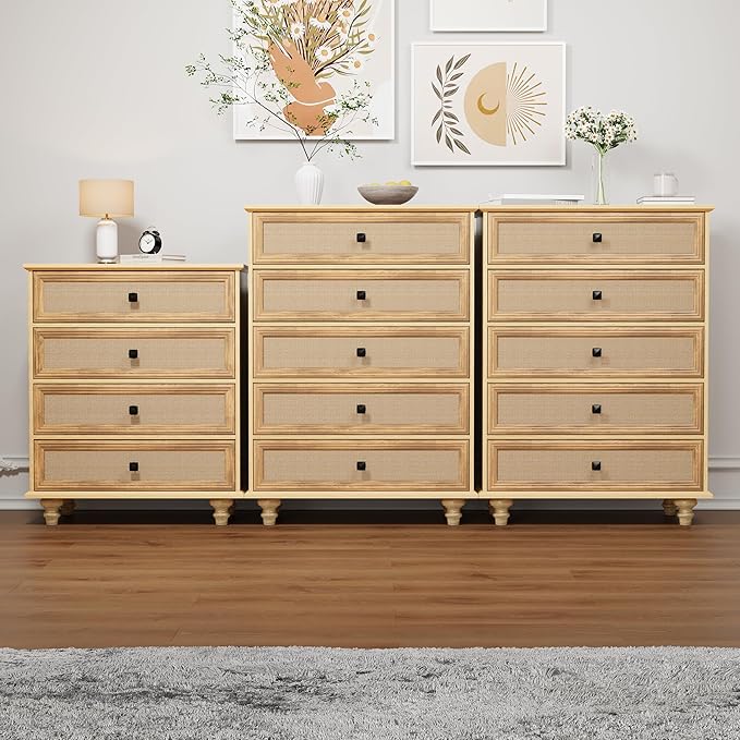 ORRD 8 Drawer Dresser for Bedroom, Mid Century Modern Wide Wood Rustic Chest of Drawers Wooden Storage Organizer Dressers with Burlap Rattan Drawers for Living Room, Hallway Closet, Entryway, Natural