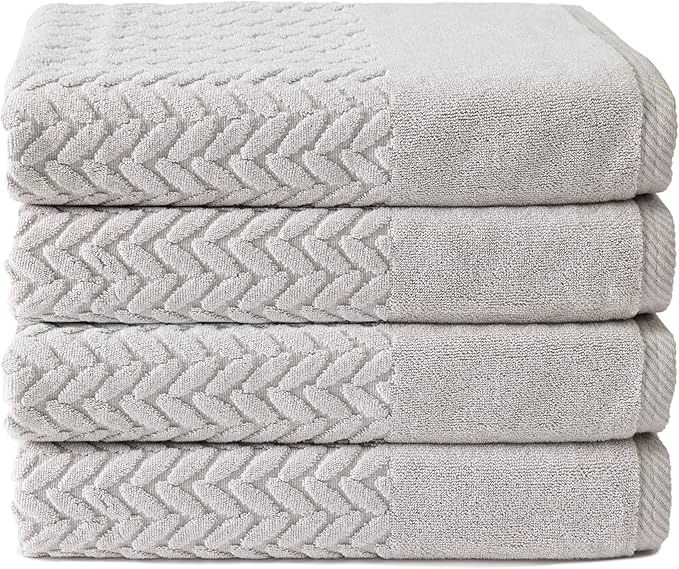 Texere 100% Organic Cotton Jacquard 650 GSM Premium Bath Towel Sets - Extra Absorbent Quick Dry and Plush (Cable, Light Taupe, 4 Bath Towels)