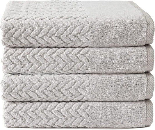 Texere 100% Organic Cotton Jacquard 650 GSM Premium Bath Towel Sets - Extra Absorbent Quick Dry and Plush (Cable, Light Taupe, 4 Bath Towels)
