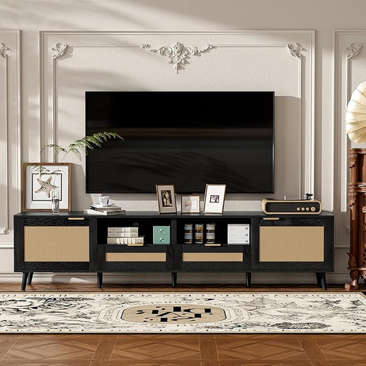 Rattan TV Stand for TVs up to 85'', Boho Entertainment Center with 2 Doors & 2 Drawers, Solid Wood Feet, Vintage Console Table for Living Room