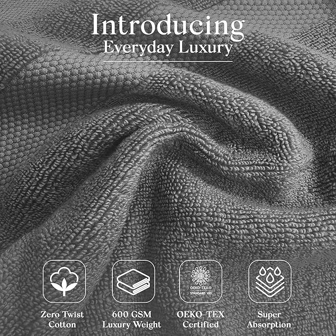 Zero Twist Bathroom Towel Set - Luxury Bath Towel Sets for Bathroom, Hands, and Washcloths - Quick Dry and Absorbent - 6 Pieces, 3 Stripe, Charcoal