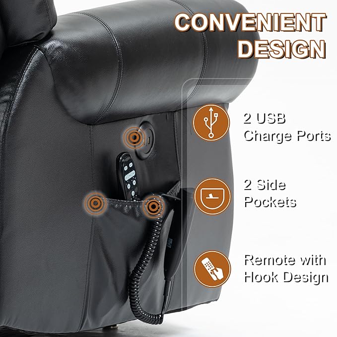 Power Lift Recliner Chair for Elderly, Dual Motor Massage Recliner with Lumbar Heat, Heavy Duty Motion Mechanism Lift Chair with Charge Ports, Genuine Leather - Black