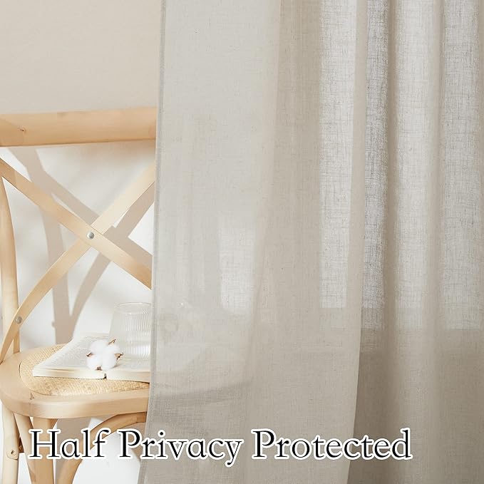 RYB HOME Flax Linen Textured Curtains Semi Sheer Curtains & Drapes Tightly Woven UV Rays Protected Drapery for Room Divider, Party, Lobby Sliding Door, 52 Wide by 120 inch Long, 2 Panels Set, Angora