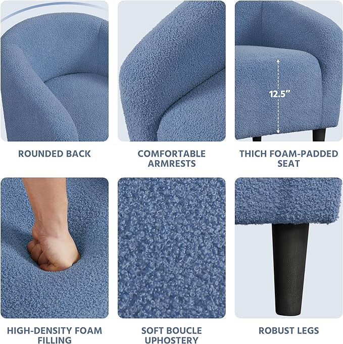 Yaheetech Accent Barrel Chair, Boucle Fabric Club Chair, Furry Sherpa Elegant Armchair with Cozy Soft Padded, Suitable for Living Room Bedroom Reception Room Office, Blue