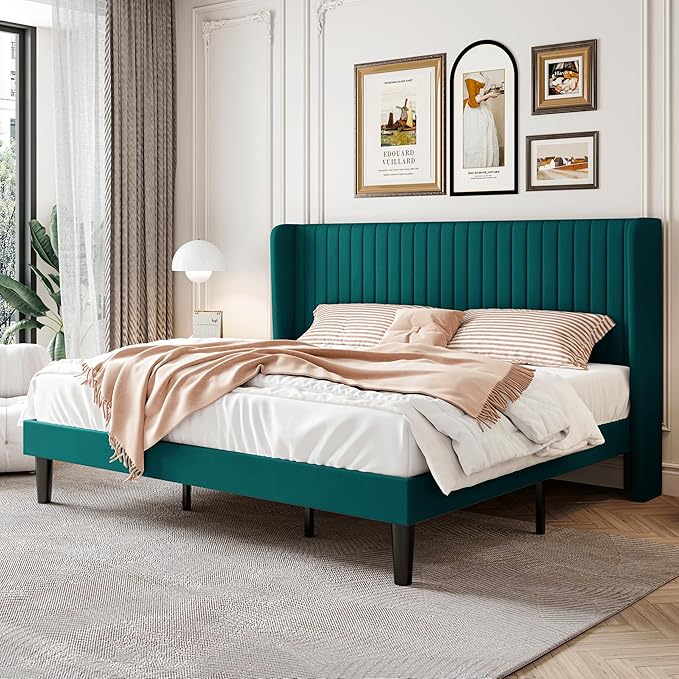 SHA CERLIN King Size Velvet Bed Frame with Vertical Channel Tufted Wingback Headboard, Upholstered Platform Bed with Wood Slats, No Box Spring Needed, Easy Assembly, Teal