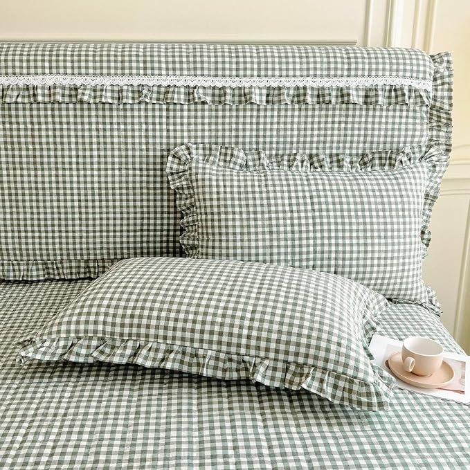 mixinni Vintage Green Gingham Ruffle Comforter Set 3-Piece Washed Cotton Full Size Grid Bedding Set with Geometric Checkered Pattern, Farmhouse Chic Soft Fluffy Comforter for All-Season
