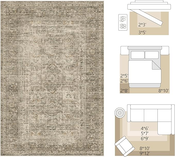 FMFUNCTEX 6x9 Washable Area Rug Vintage Neutral Distressed Large Taupe Non Slip Carpet for Living Room Bedroom Soft Low Pile Indoor Mat Retro Floral Throw Rug for Dining Room Kitchen Office Nursery