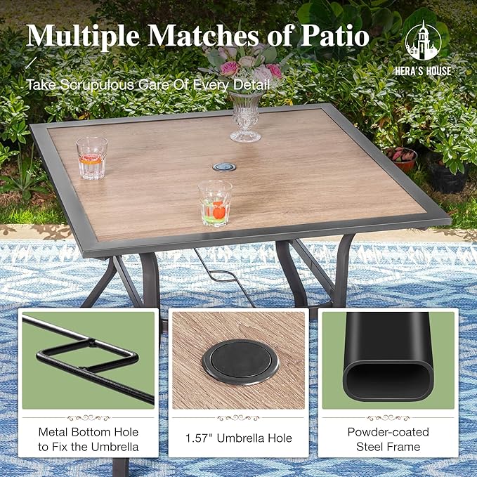 HERA'S HOUSE 5 Pieces Patio Dining Set, Outdoor Dining Set with 4 Wicker Patio Chair with Removed Cushion, 37" Wood Like Dining Table with 1.57" Umbrella Hole, for Lawn Garden Backyard Deck