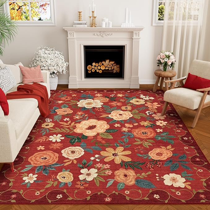 DUKINO 8x10 Area Rug, Floral Rugs for Living Room, Lightweight Non Slip Washable Rug, Indoor Low Pile & Non-Shedding Boho Design Rugs for Bedroom, Living Room, Dining Room, Red