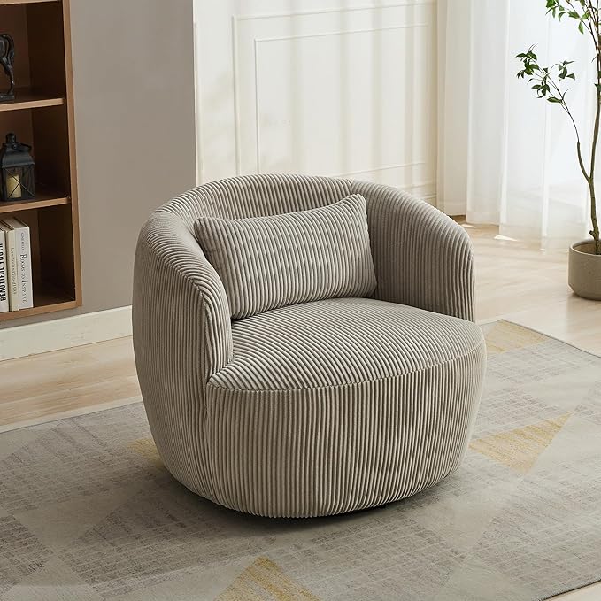 Aoiy & Wifon 34.25" W Swivel Barrel Chair, Upholstered Round Small Accent Chair, Single Comfy Barrel Chair for Living Room, Corduroy, Light Gray
