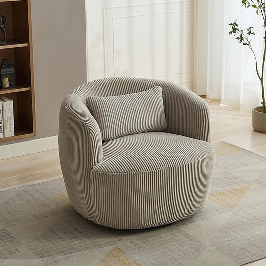 Aoiy & Wifon 34.25" W Swivel Barrel Chair, Upholstered Round Small Accent Chair, Single Comfy Barrel Chair for Living Room, Corduroy, Light Gray