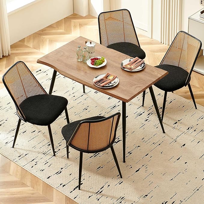47-Inch Rectangular Dining Table Set for 4, 5 Pieces Kitchen Table Set with 4 Seater Dining Chairs Upholsetered Boucle Room Chairs Curved Rattan Backrest for Kitchen Apartment Restaurant