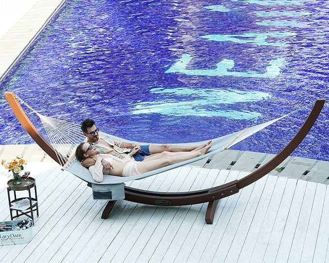 Lazy Daze Hammocks 11 FT Double Outside Hammock Quick Dry Olefin Fabric Hammock with Spreader Bar & Side Pocket for Outdoor Poolside Backyard 450 lbs Capacity, Gray