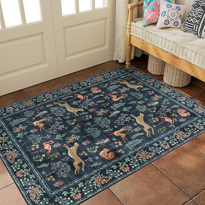 DUKINO 2x3 Rug, Washable Animal Rugs for Entryway, Non Slip Indoor Door Mat, Soft Low Pile Small Area Carpet for Entrance, Bedroom, Kitchen, Laundry, Bathroom, Navy Blue