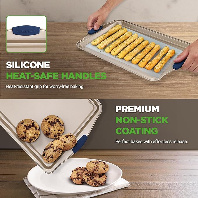 NutriChef 3-Piece Nonstick Bakeware Set - Premium Carbon Steel Oven Baking Trays w/Blue Silicone Handles - Small, Medium & Large Cookie Sheet Pans - PFOS, PFOA, PTFE-Free, Easy to Clean