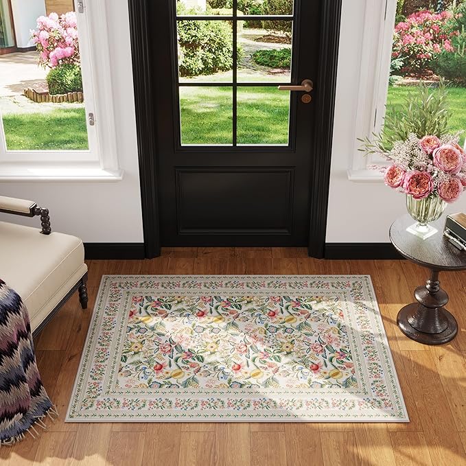 Door Mat Indoor Entrance 2x3 Rug Machine Washable Vintage Floral Small Area Rug Non-Slip Low Pile Throw Rugs for Entryway, Kitchen, Front Door Indoor Entrance, Entry, Kids Room, Beige