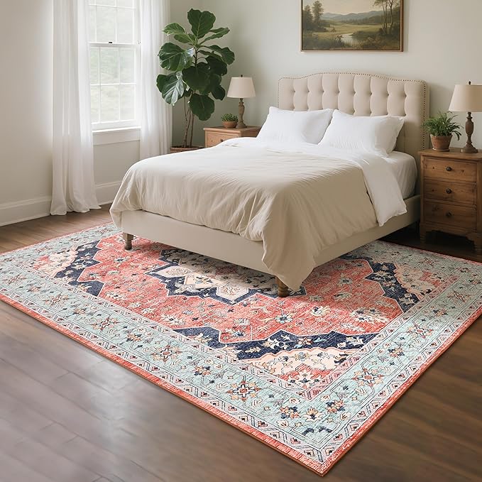 8x10 Area Rug for Living Room, Modern Washable Rug Non Slip Low Pile Large Area Rugs for Living Room, Bedroom, Farmhouse, Dining Room, Red&Blue