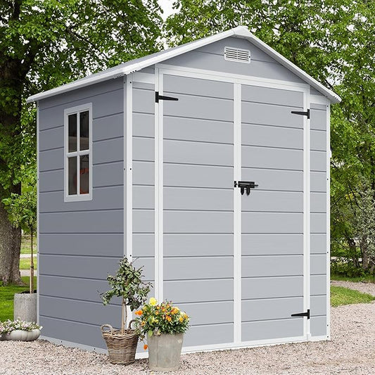 JUMMICO Outdoor Storage Shed, 6 x 4 FT Resin Shed with Floor and Lockable Door, Plastic Garden Tool Outside Sheds for Patio Backyard Lawn