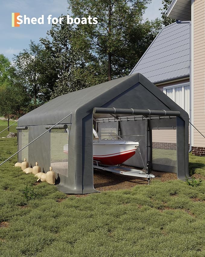 10x20 Ft Carport, Car Port with 200g PE Tarp, Roll-Up Doors, and 4 Windows, for Sedans, Bass Boats, Motos, ATVs, and SUVs, Gray